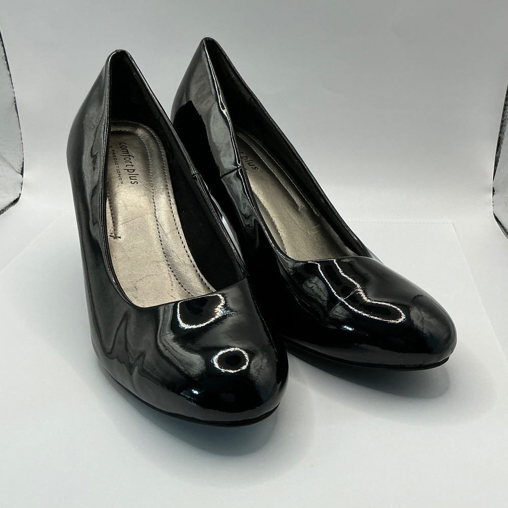 Comfort Plus by Predictions Black Patent Pumps Round Toe Heels Womens 8.5